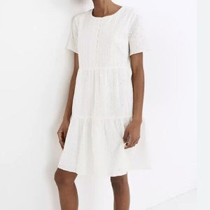 Madewell embroidered eyelet button front tiered mini dress